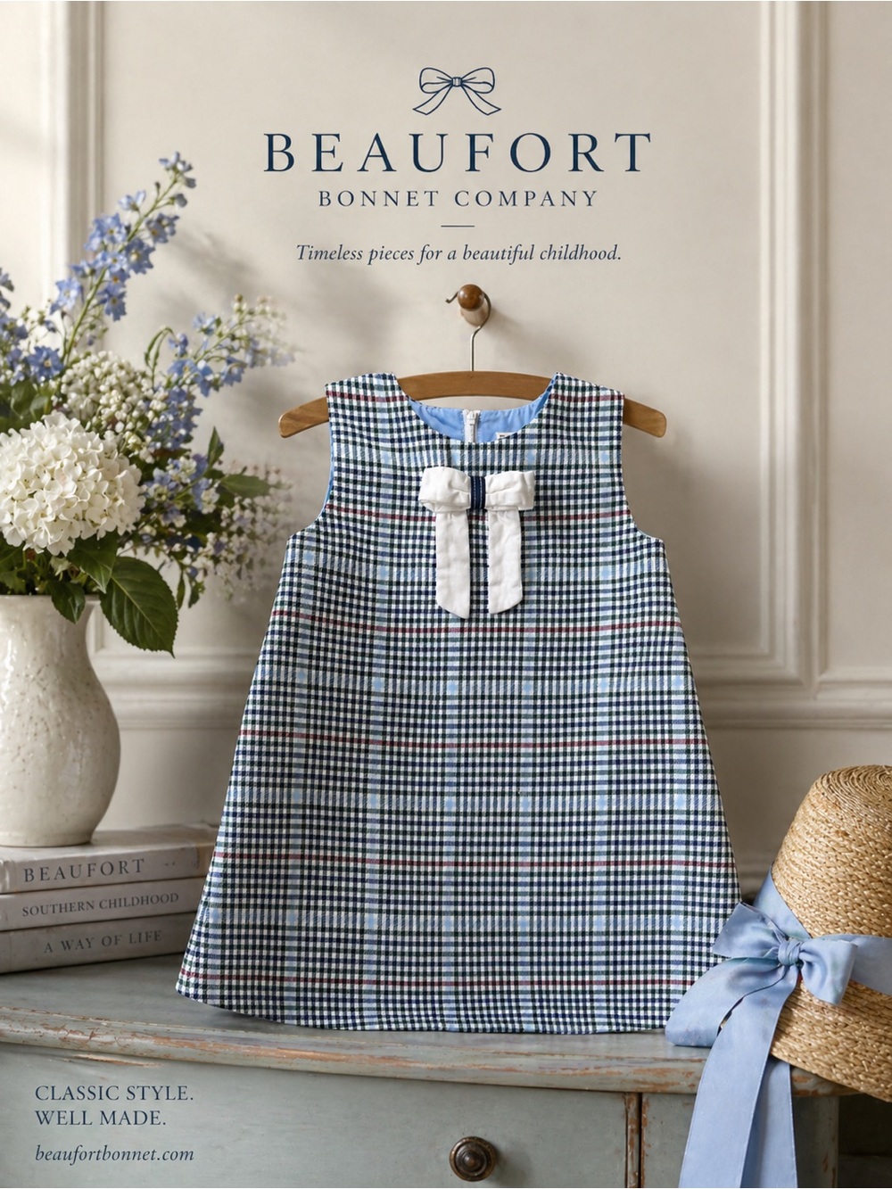 Beaufort Bonnet Girls Size 7 Plaid A-Line Dress Blue Bow Classic Preppy